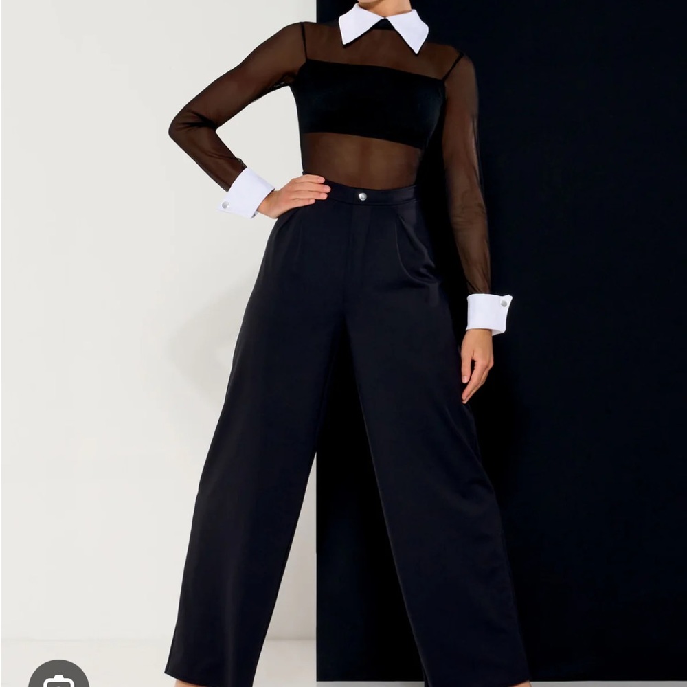 Kelle Black Sheer Collared Top with Black Trousers Dance Costume